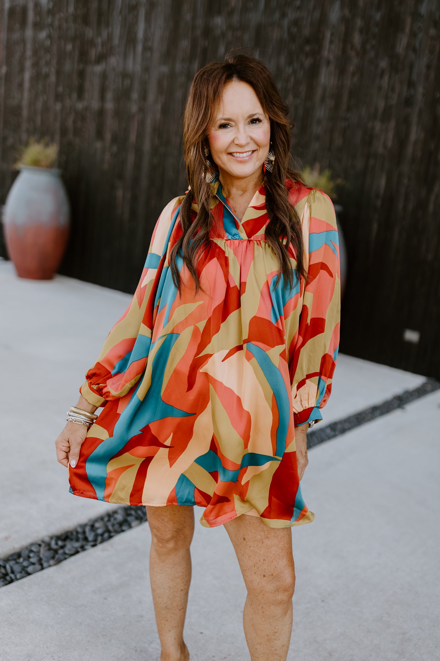 Adrienne Sunset Breeze Satin Ruffle Collar Balloon Sleeve Dress