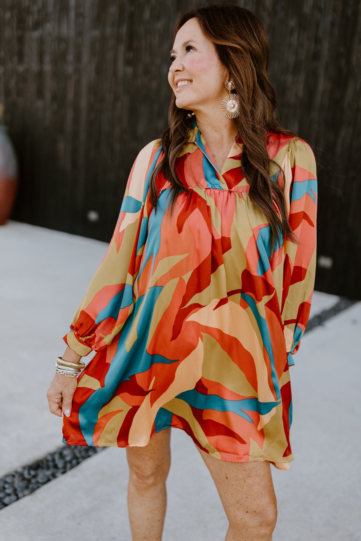 Adrienne Sunset Breeze Satin Ruffle Collar Balloon Sleeve Dress