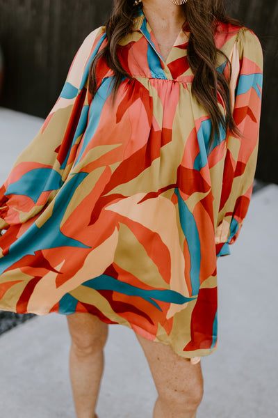 Adrienne Sunset Breeze Satin Ruffle Collar Balloon Sleeve Dress