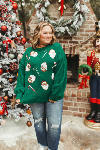 Green Fuzzy Sequin Santa & Candy Cane Sweater