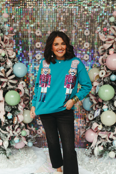 Teal Sequin Nutcracker Embroidered Sweater
