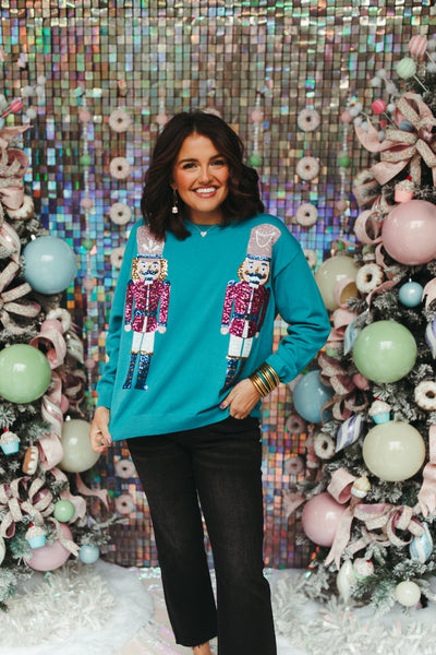 Teal Sequin Nutcracker Embroidered Sweater