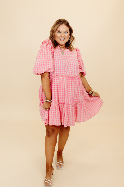 Pink Gingham Puff Sleeve Tiered Dress