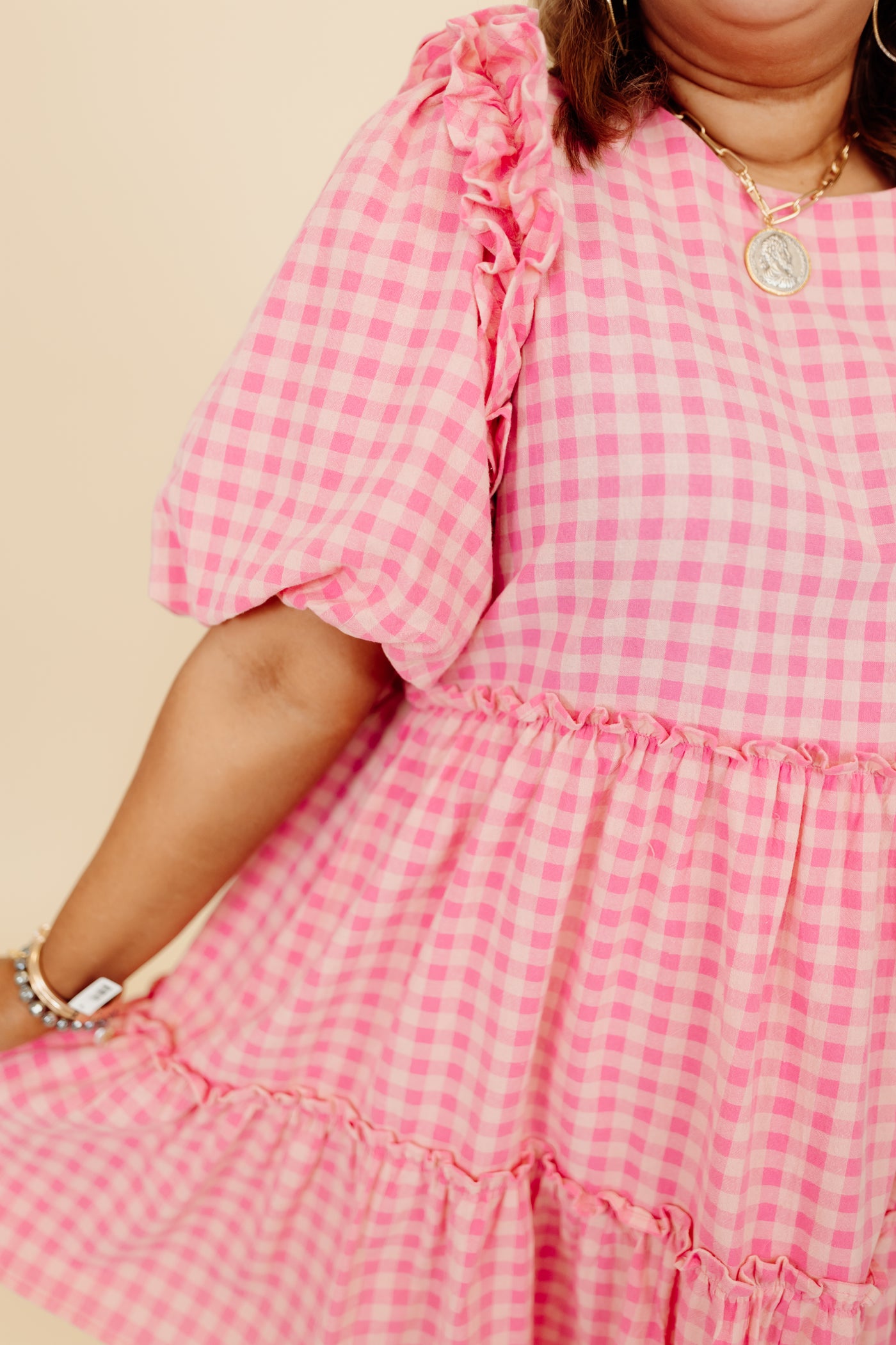 Pink Gingham Puff Sleeve Tiered Dress