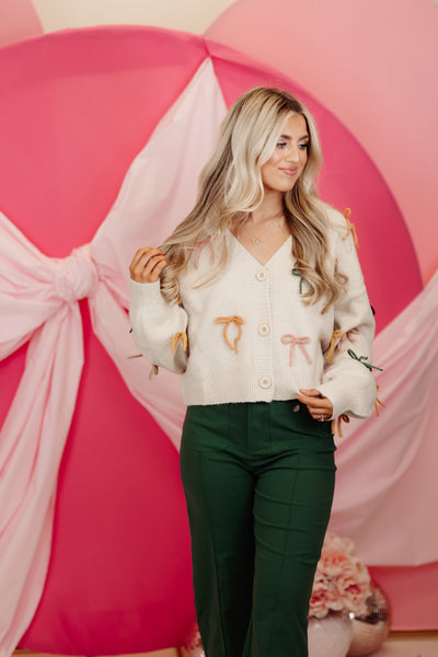 Oatmeal Multicolor Bow Cropped Cardigan