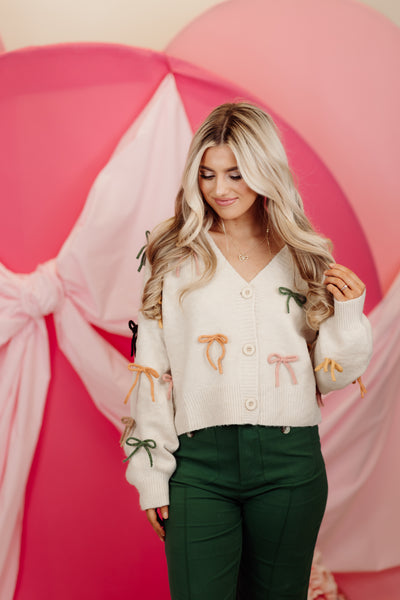 Oatmeal Multicolor Bow Cropped Cardigan