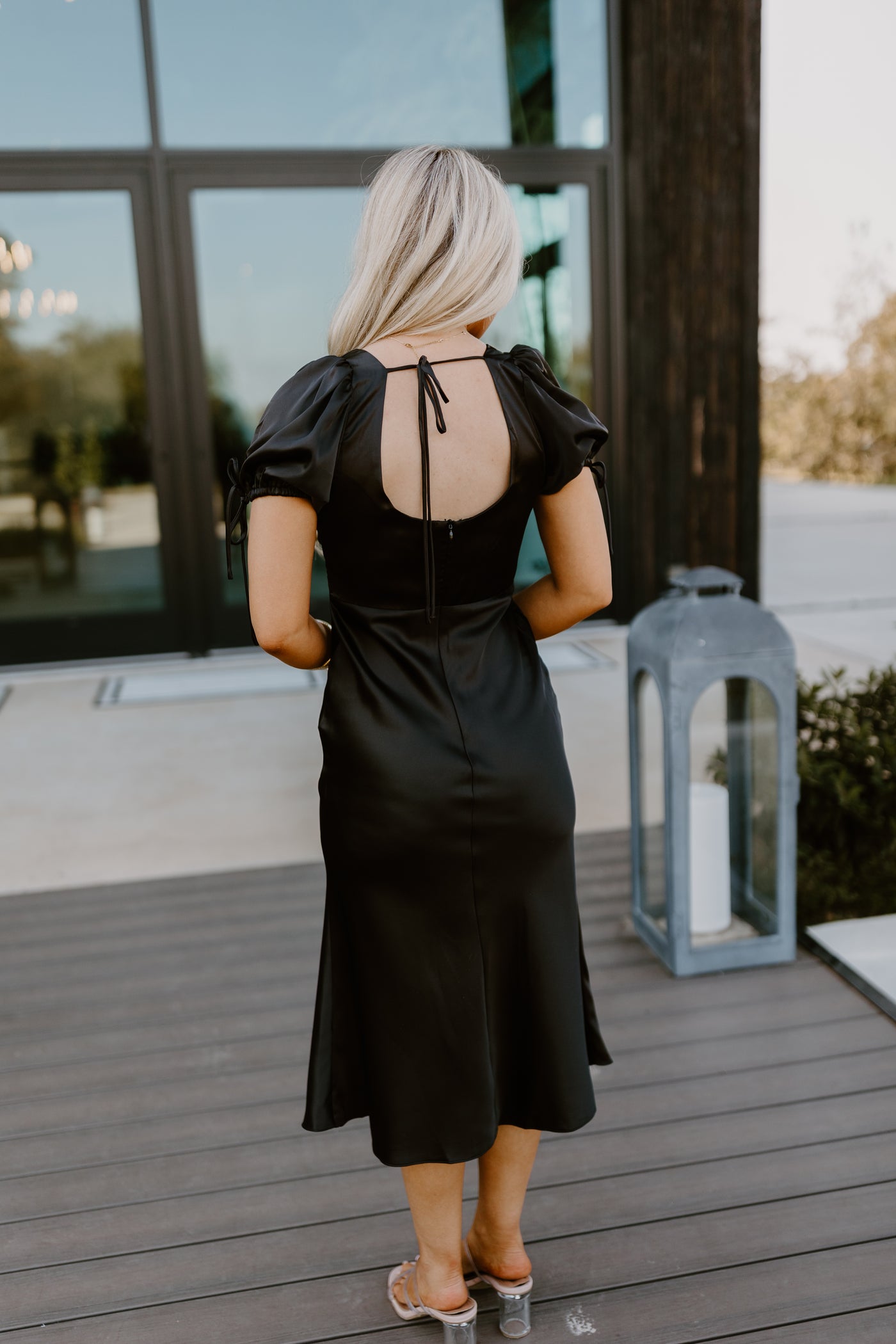 Black Satin Knot Front Tie Detail Midi Dress