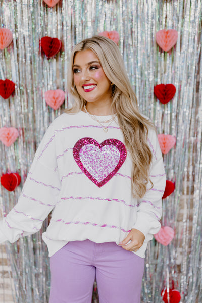 White French Terry Sequin Heart and Stripes Loose Fit Sweatshirt