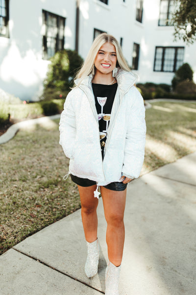 White Sequin Puffer Jacket