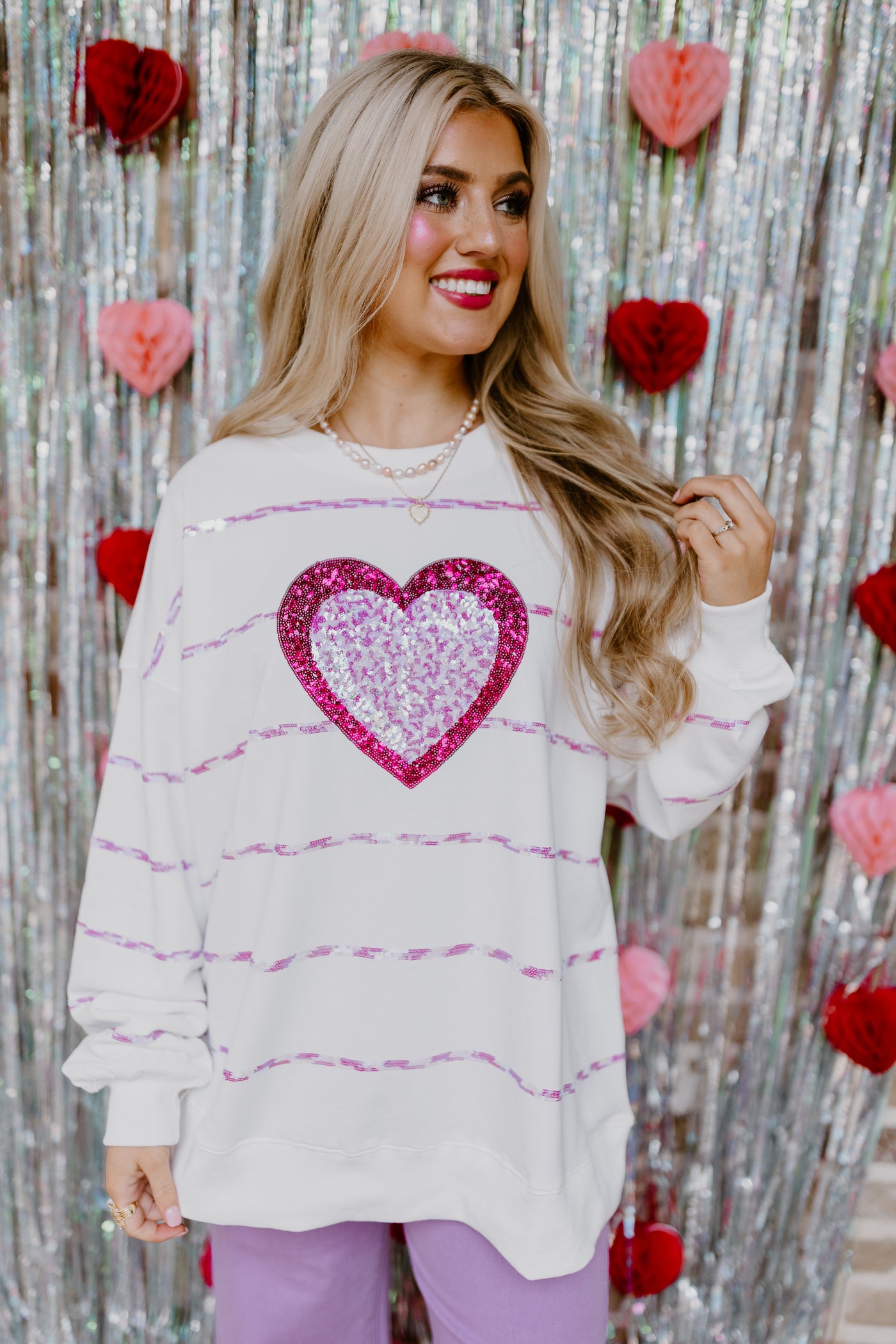 White French Terry Sequin Heart and Stripes Loose Fit Sweatshirt