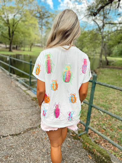 Queen Of Sparkles White Scattered Neon Beetle Tee