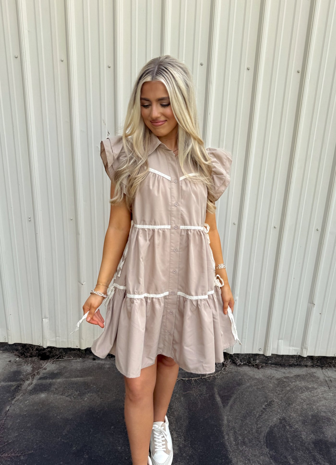 Mocha Tiered Flutter Sleeve Button Down Dress