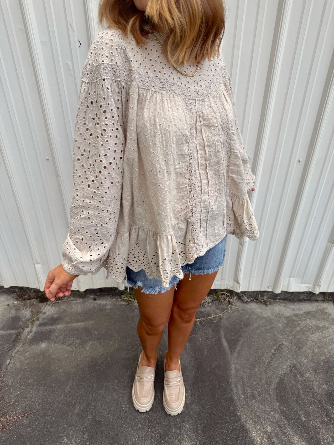 Taupe Oversized Eyelet Long Sleeve Blouse