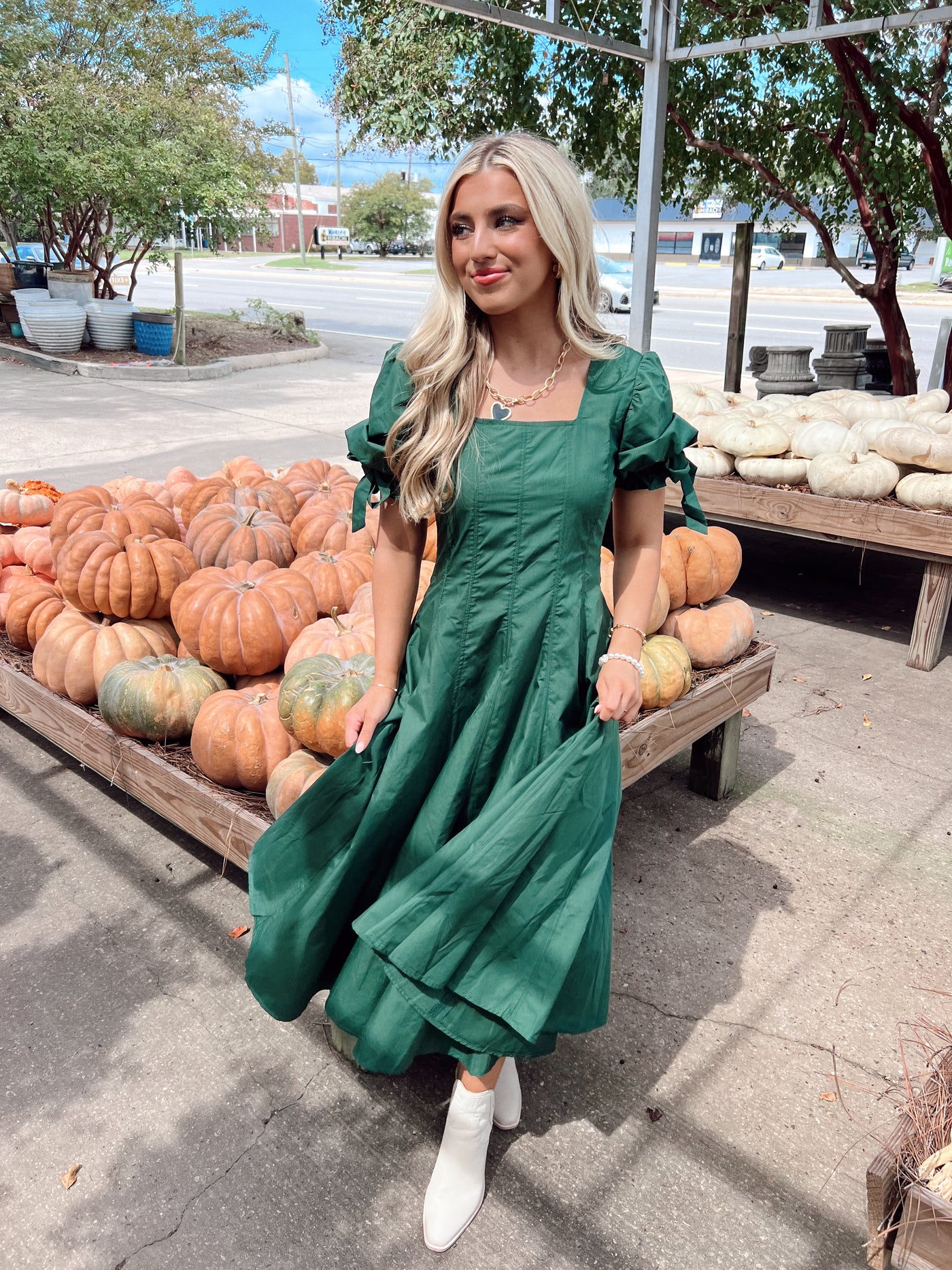 Hunter Green Square Neck Puff Sleeve Midi Dress