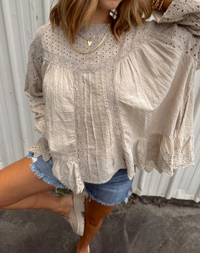 Taupe Oversized Eyelet Long Sleeve Blouse