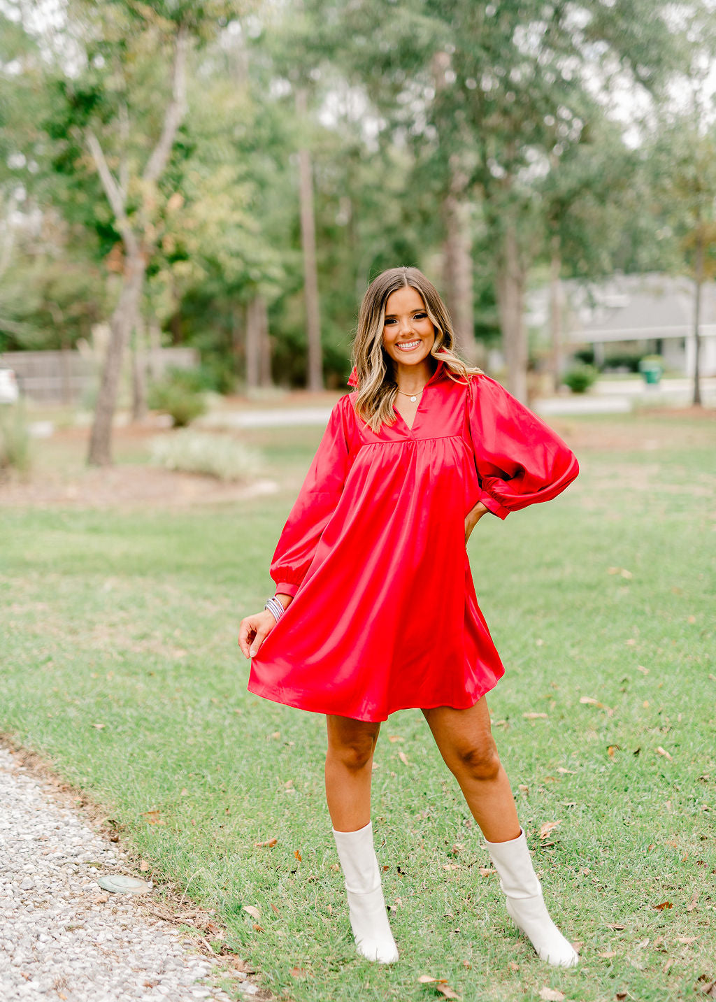 Adrienne Red Satin Ruffle Collar Balloon Sleeve Dress