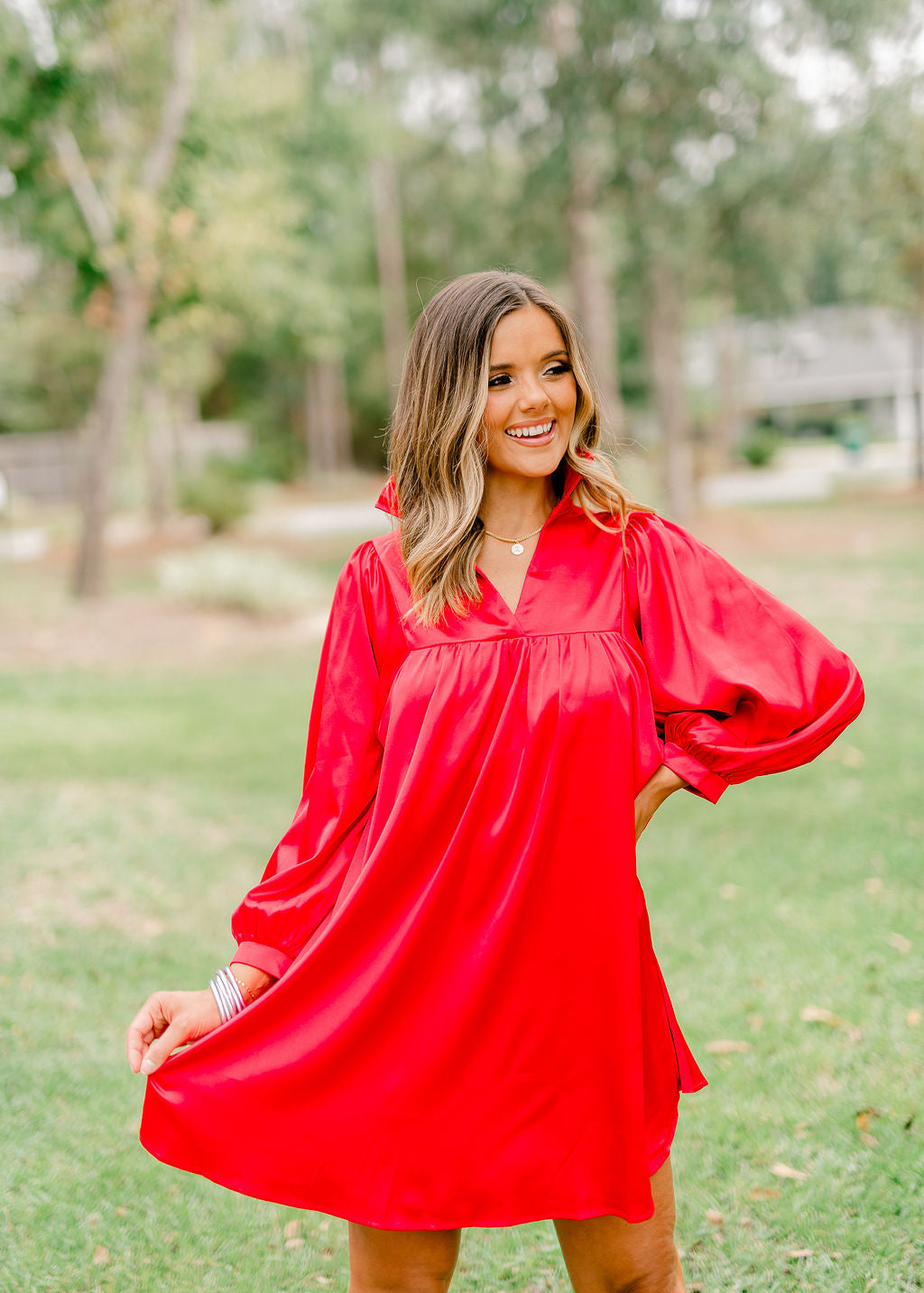 Adrienne Red Satin Ruffle Collar Balloon Sleeve Dress