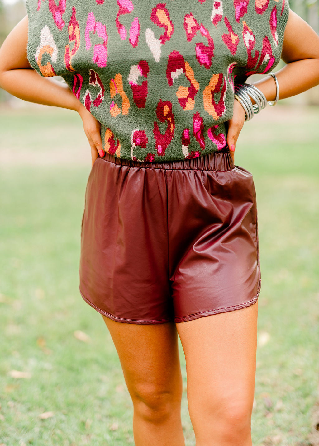 Burgundy Faux Leather Paper Bag Shorts