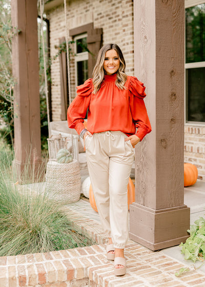Rust Ruched Sleeve Mock Neck Blouse
