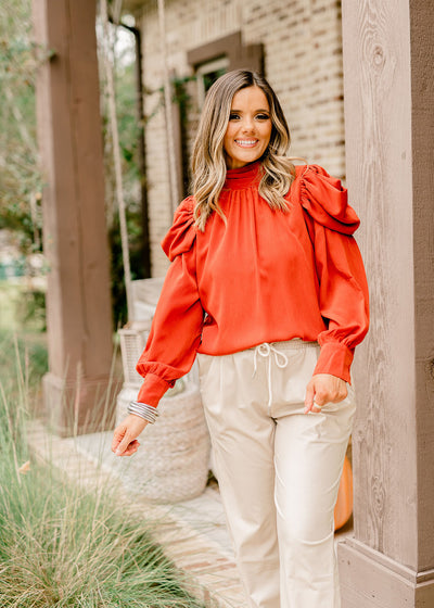 Rust Ruched Sleeve Mock Neck Blouse