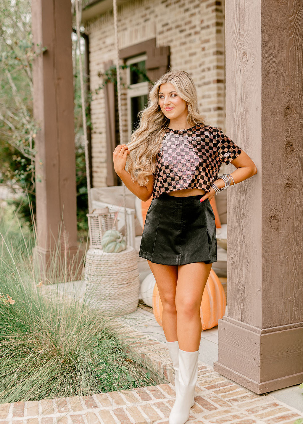 Black and Gold Sequin Checkered Crop Top