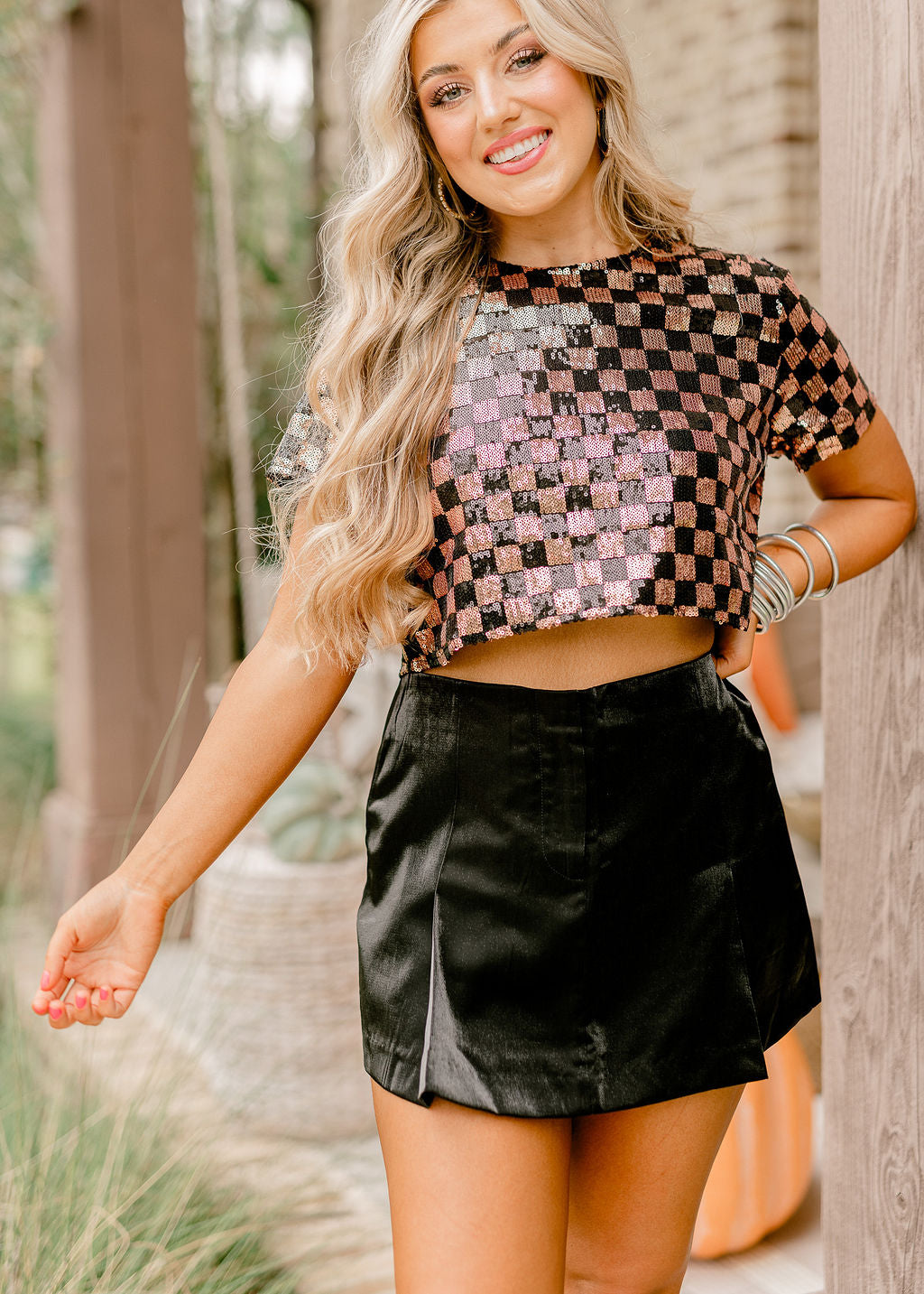 Black and Gold Sequin Checkered Crop Top