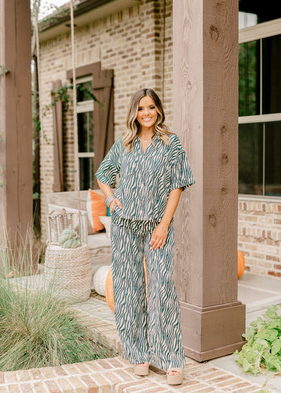 Teal Zebra Button Down and Pant Set