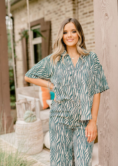 Teal Zebra Button Down and Pant Set