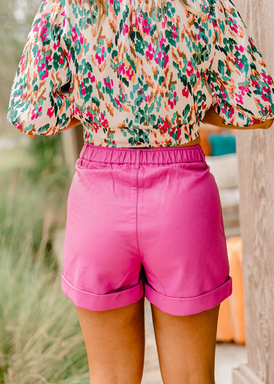 Magenta Faux Leather Cuff Shorts