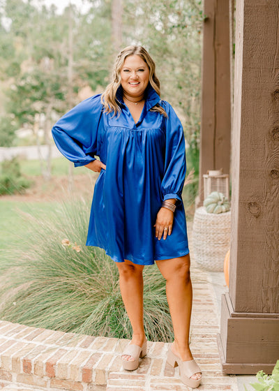 Adrienne Royal Blue Satin Ruffle Collar Balloon Sleeve Dress
