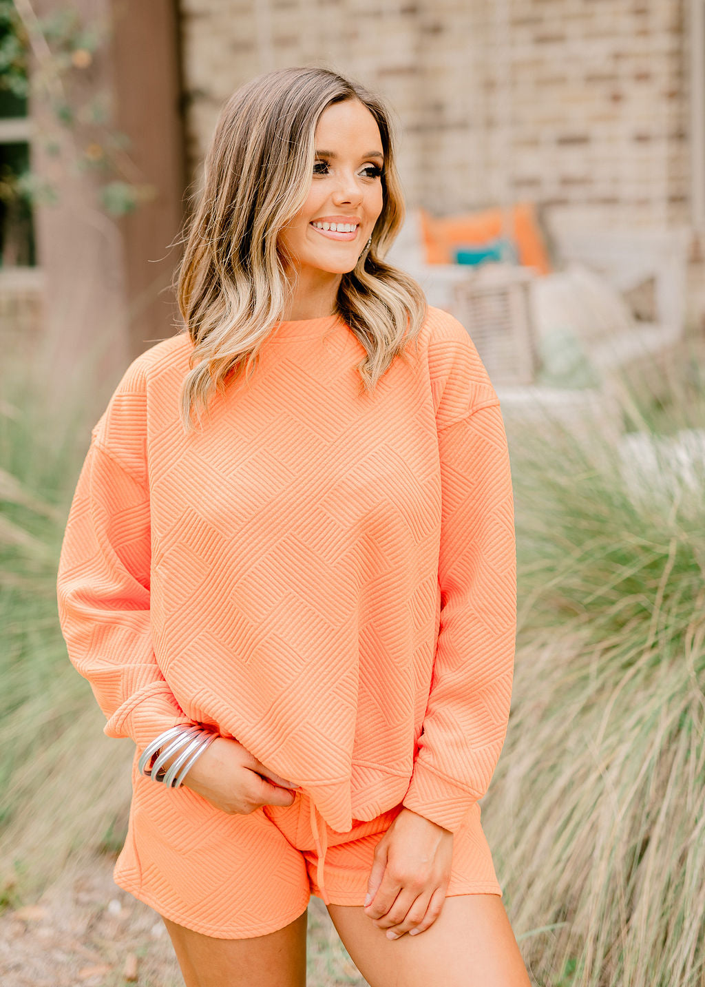 Tangerine Textured Lounge Pullover and Short Set