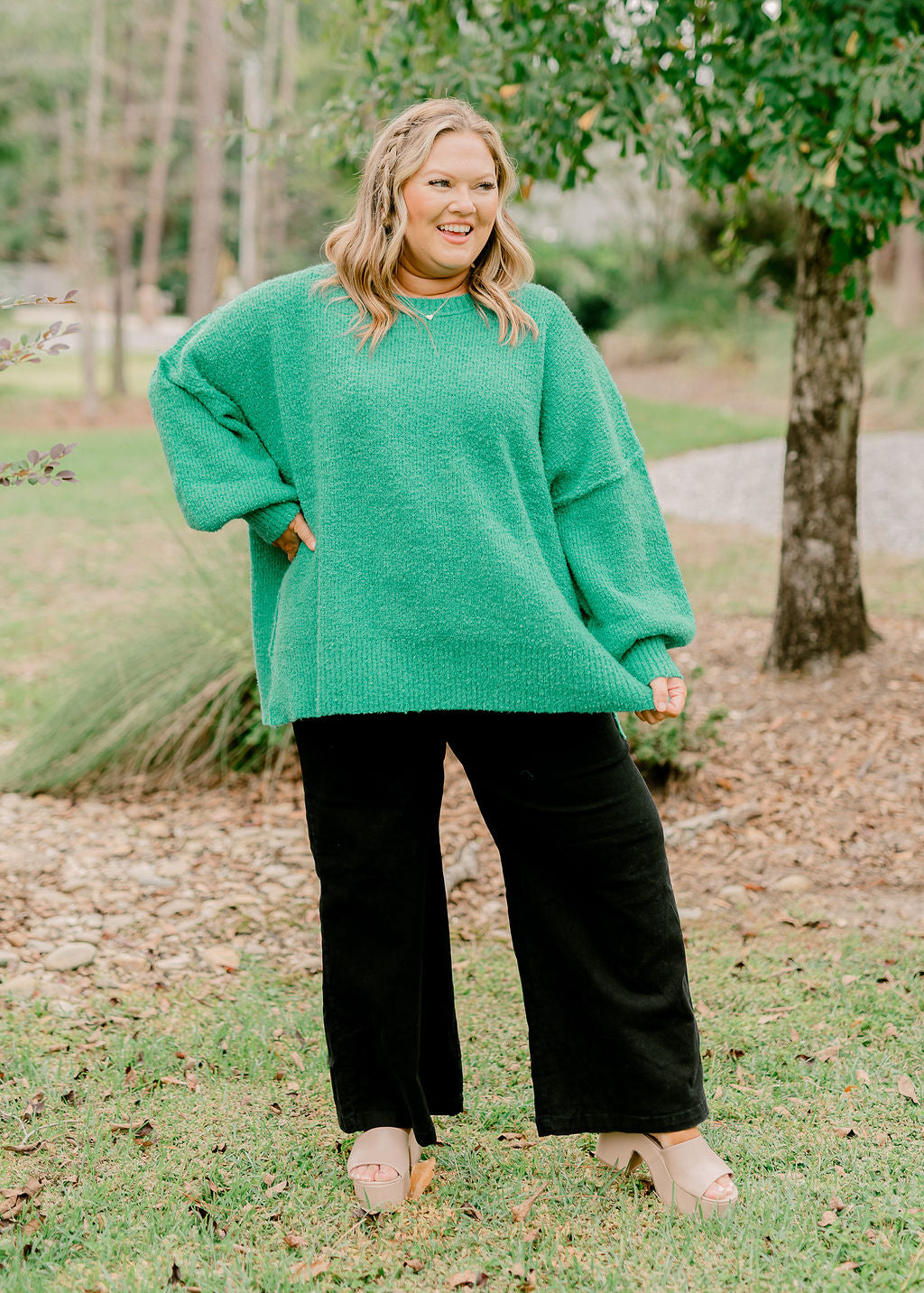 Green Popcorn Knit Oversized Slouchy Sweater