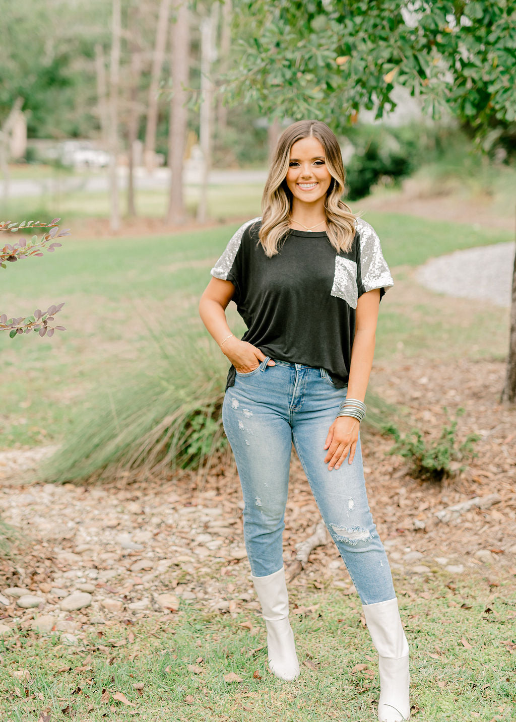 Black Sequin Sleeve and Pocket Tee