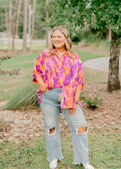Adrienne Purple and Orange Abstract Oversized Button Down Blouse