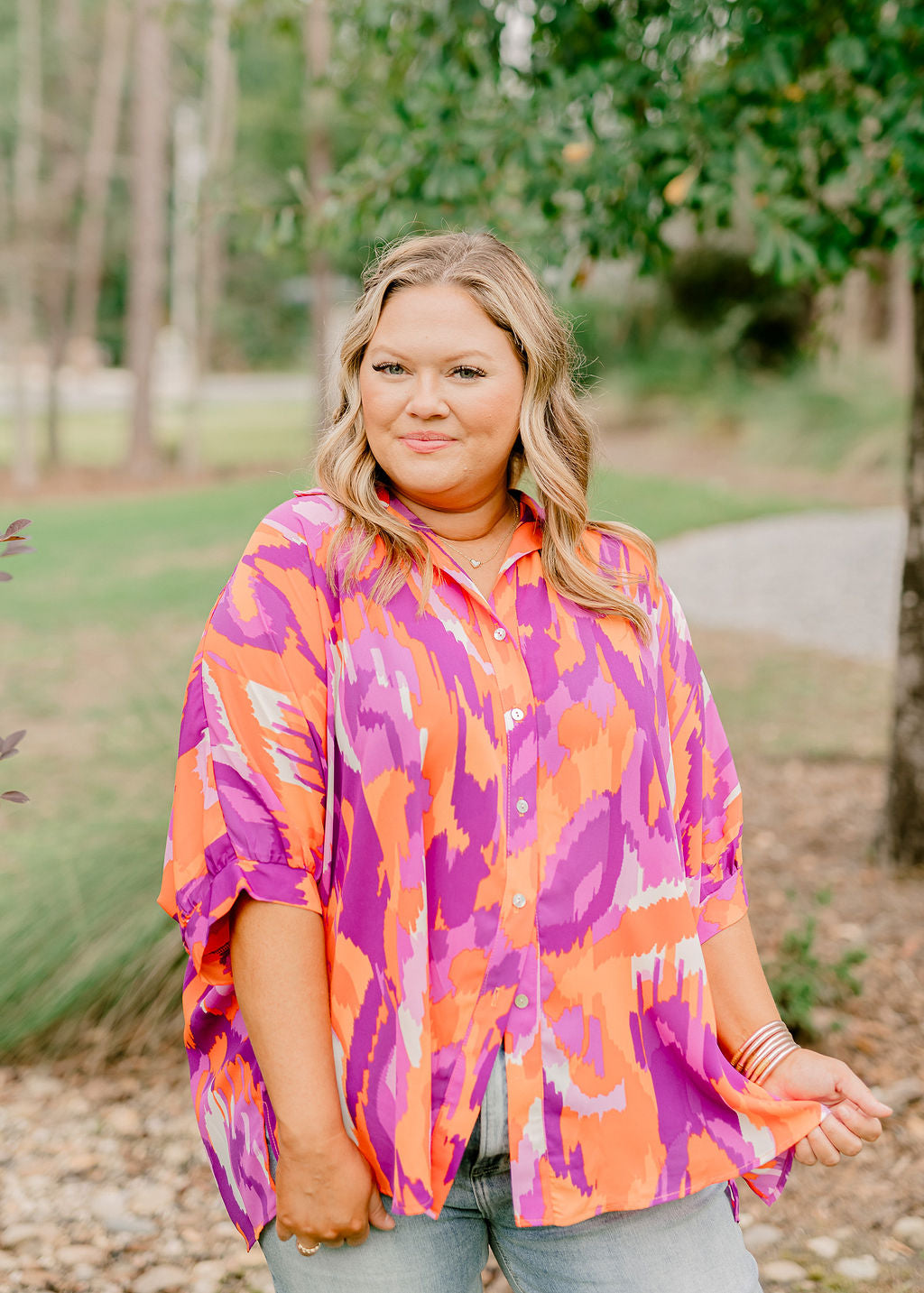 Adrienne Purple and Orange Abstract Oversized Button Down Blouse