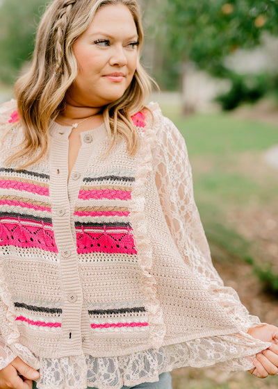 Pink Multi Crochet Lace Sleeve Ruffle Blouse