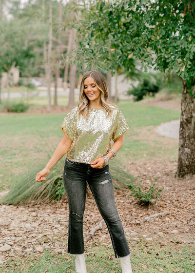 Gold Contrast Sequin Chiffon Top