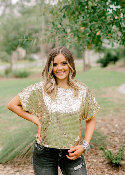 Gold Contrast Sequin Chiffon Top