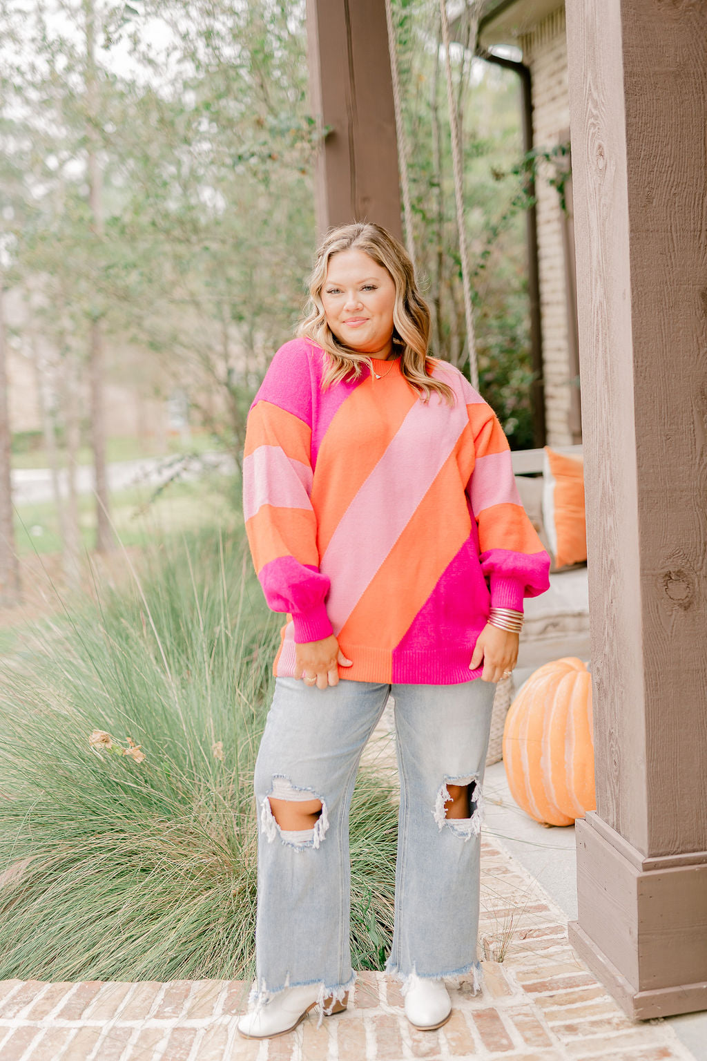 Pink and Orange Colorblock Balloon Sleeve Sweater