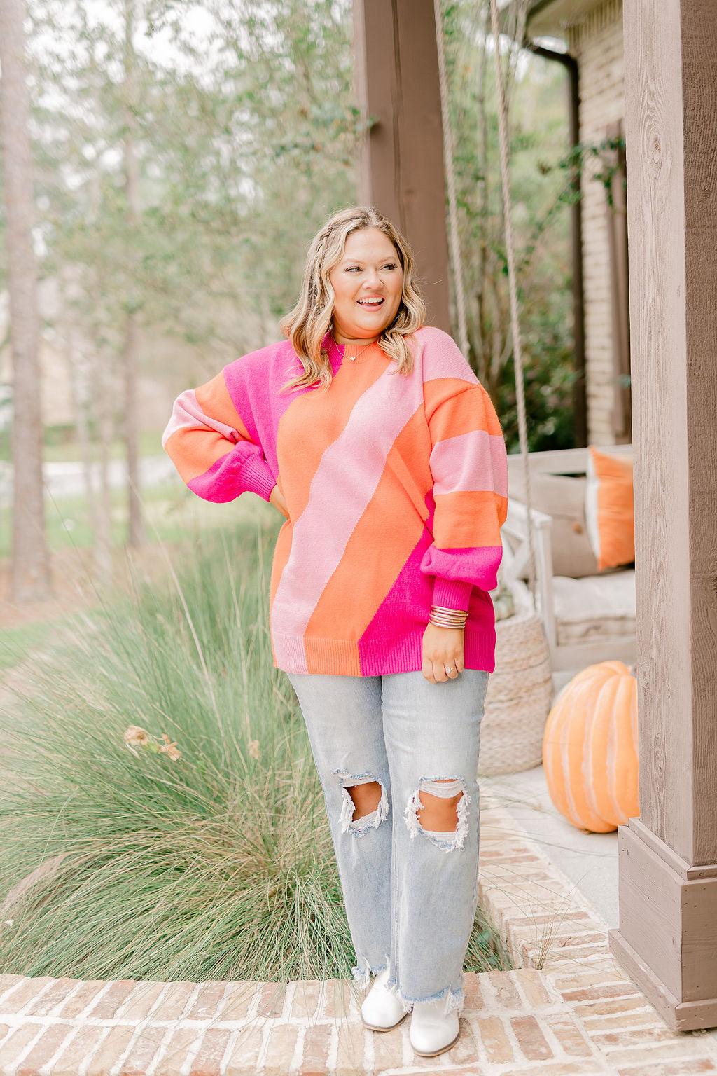 Pink and Orange Colorblock Balloon Sleeve Sweater