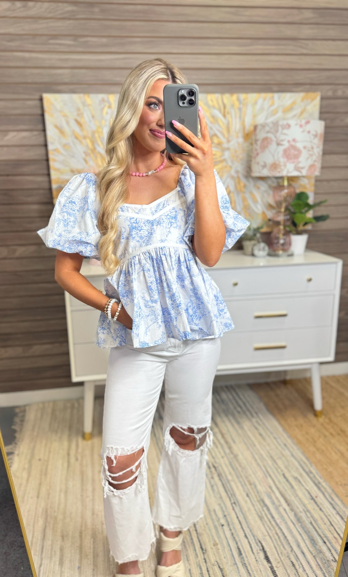 Blue Floral Sweetheart Puff Sleeve Blouse