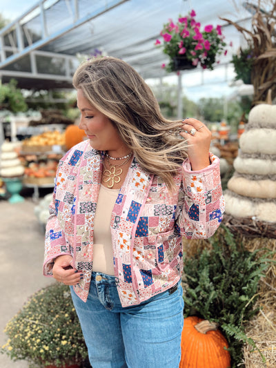 Rose Combo Patchwork Open Front Cropped Jacket