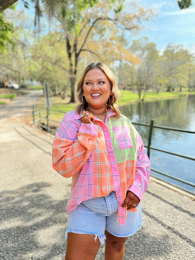 Pink Peach and Lime Colorblock Gingham Button Down