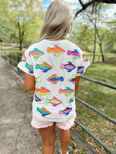 Queen Of Sparkles White Neon Scattered Fish Tee