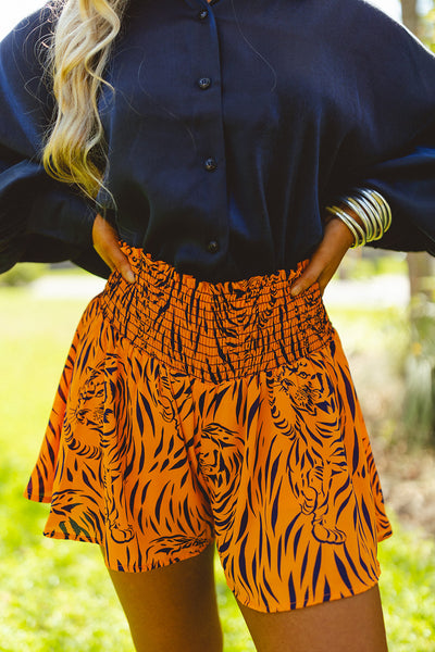 Adrienne Navy and Orange Tiger Print Smocked Waist Swing Shorts