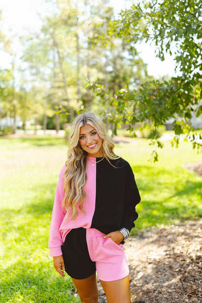 Bubble Gum and Black Textured Colorblock Long Sleeve Top and Short Set