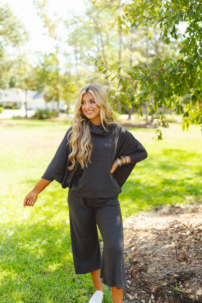 Charcoal Brushed Ribbed Knit Cowl Neck Dolman Top and Pant Set