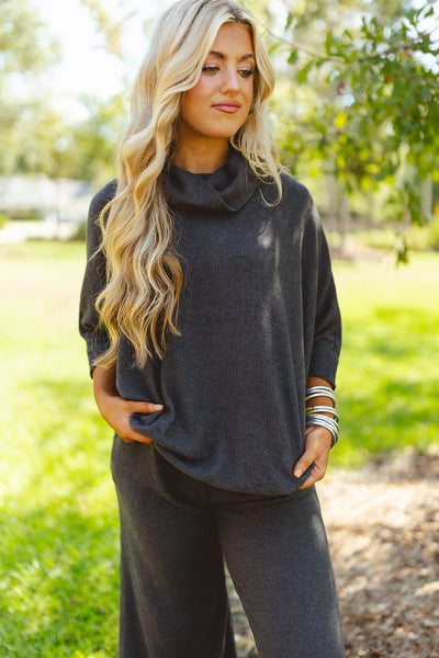 Charcoal Brushed Ribbed Knit Cowl Neck Dolman Top and Pant Set