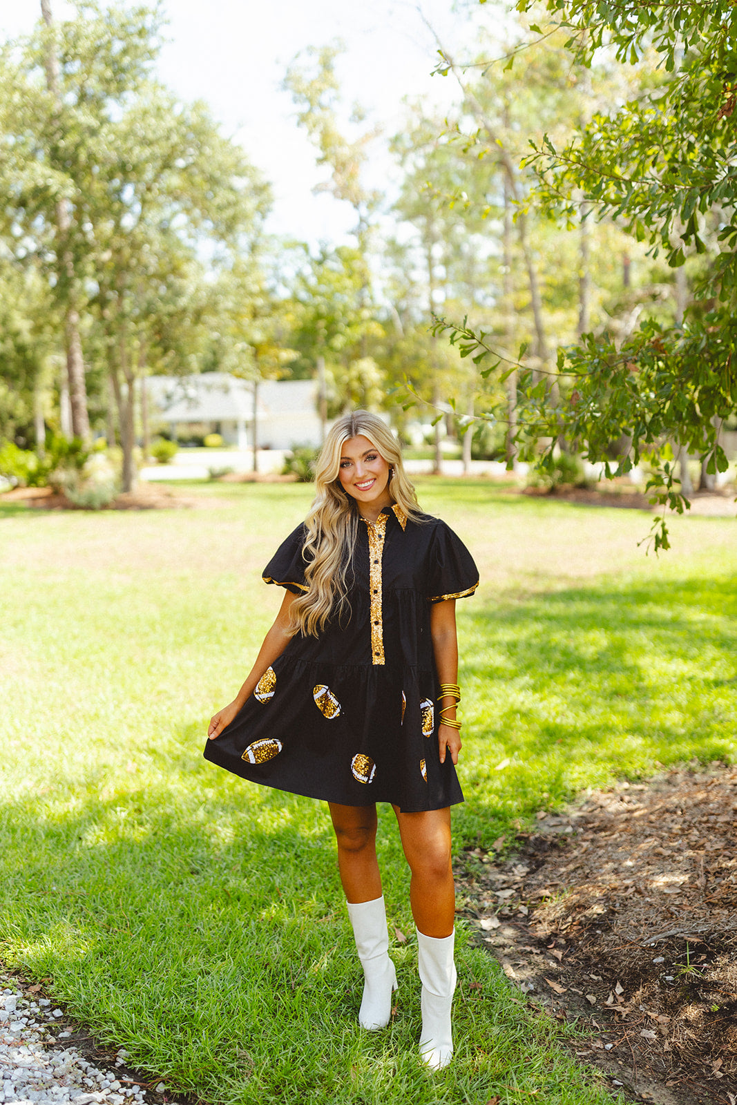 Black and Gold Sequin Football Babydoll Button Detail Dress