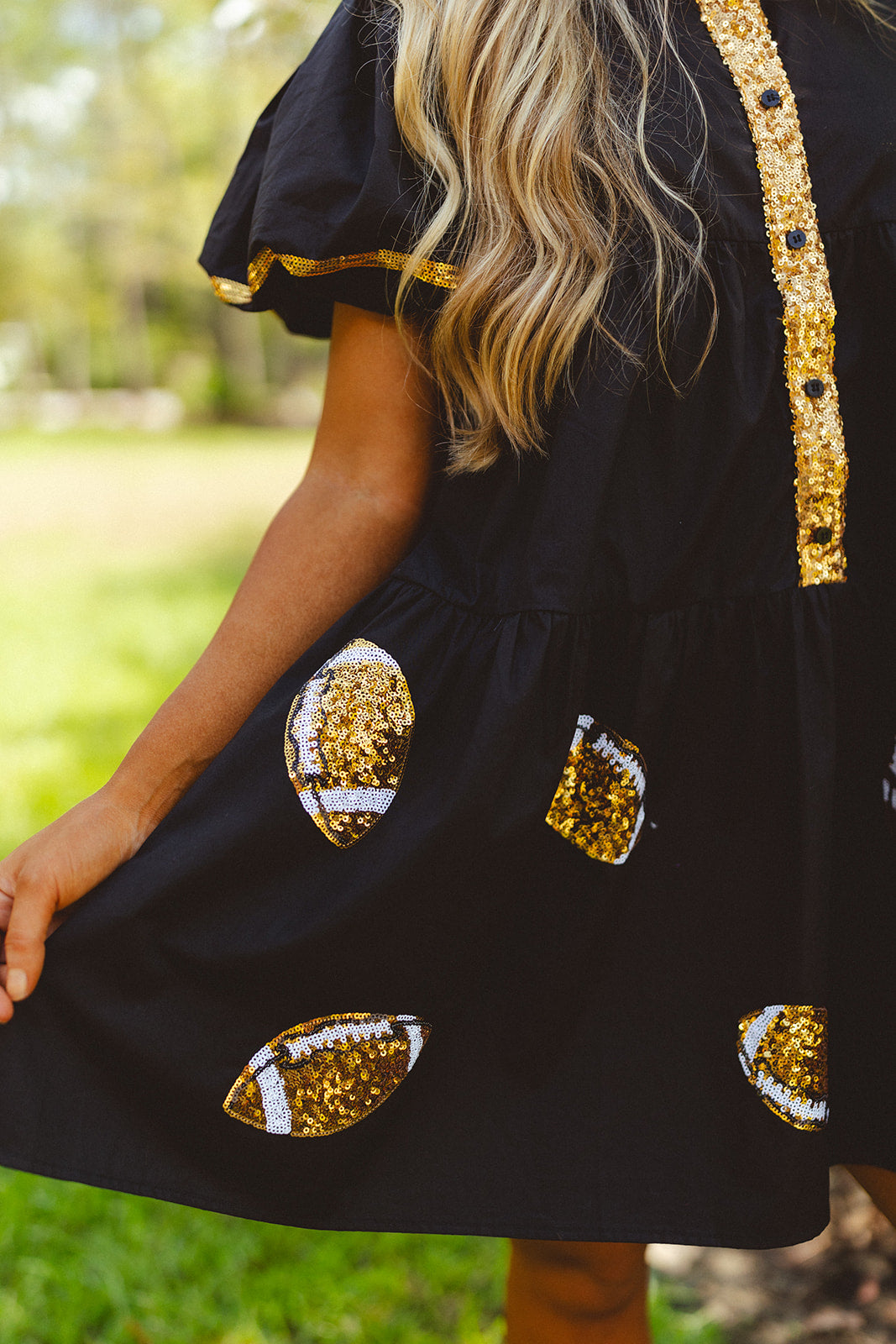 Black and Gold Sequin Football Babydoll Button Detail Dress